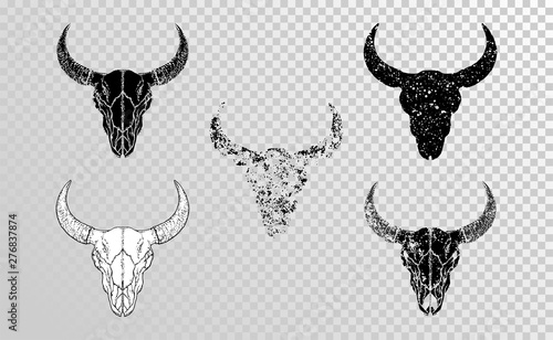 Vector set of hand drawn skulls bull with grunge elements in different versions on a transparent background.