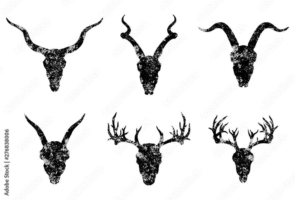 Vector set of six hand drawn skulls of horned animals: antelopes, deer ...