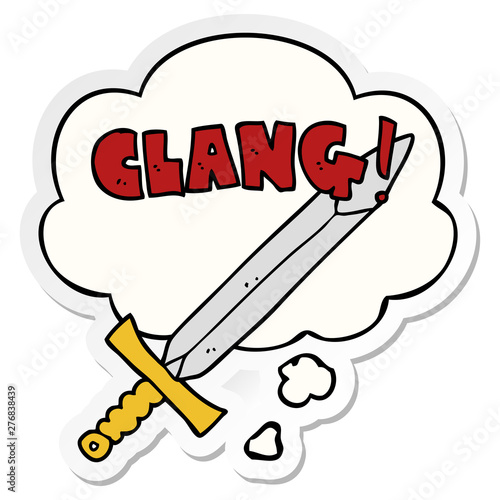 cartoon clanging sword and thought bubble as a printed sticker