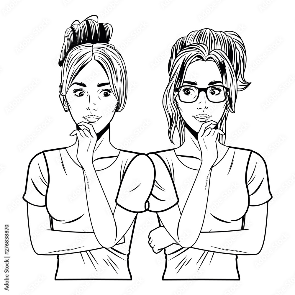 young women avatar cartoon character in black and white