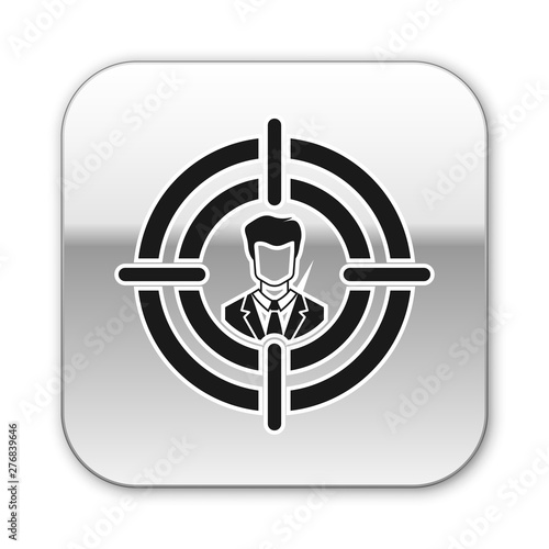 Black Head hunting concept icon isolated on white background. Business target or Employment sign. Human resource and recruitment for business. Silver square button. Vector Illustration