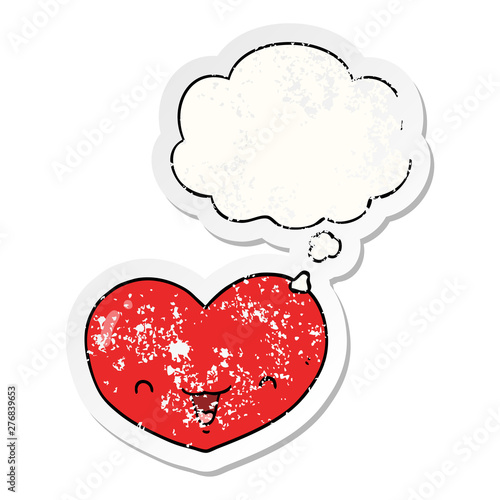 cartoon love heart character and thought bubble as a distressed worn sticker