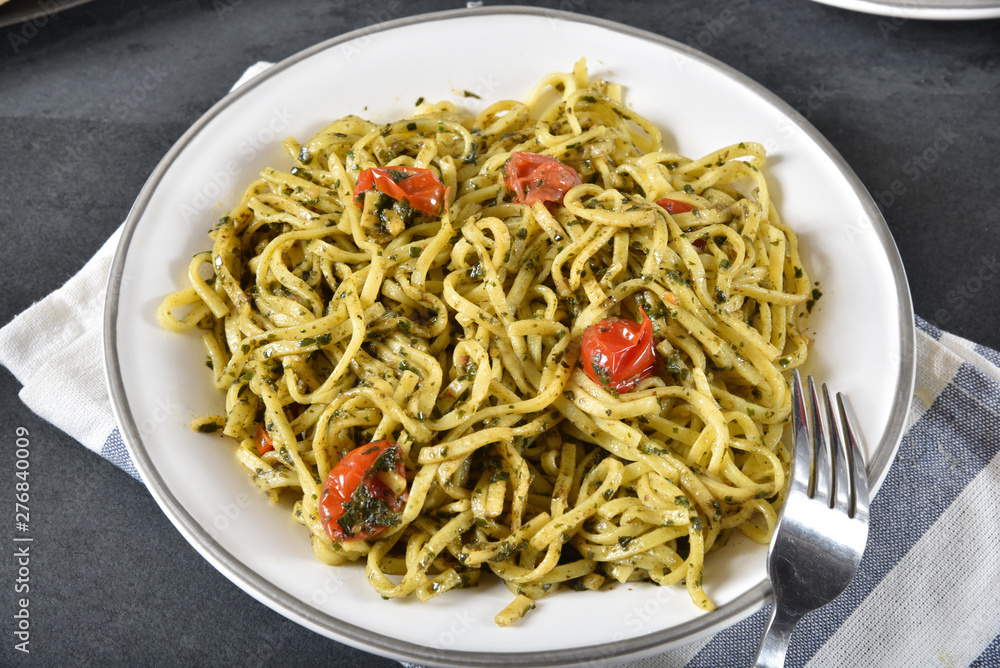 Linguine with basil pesto