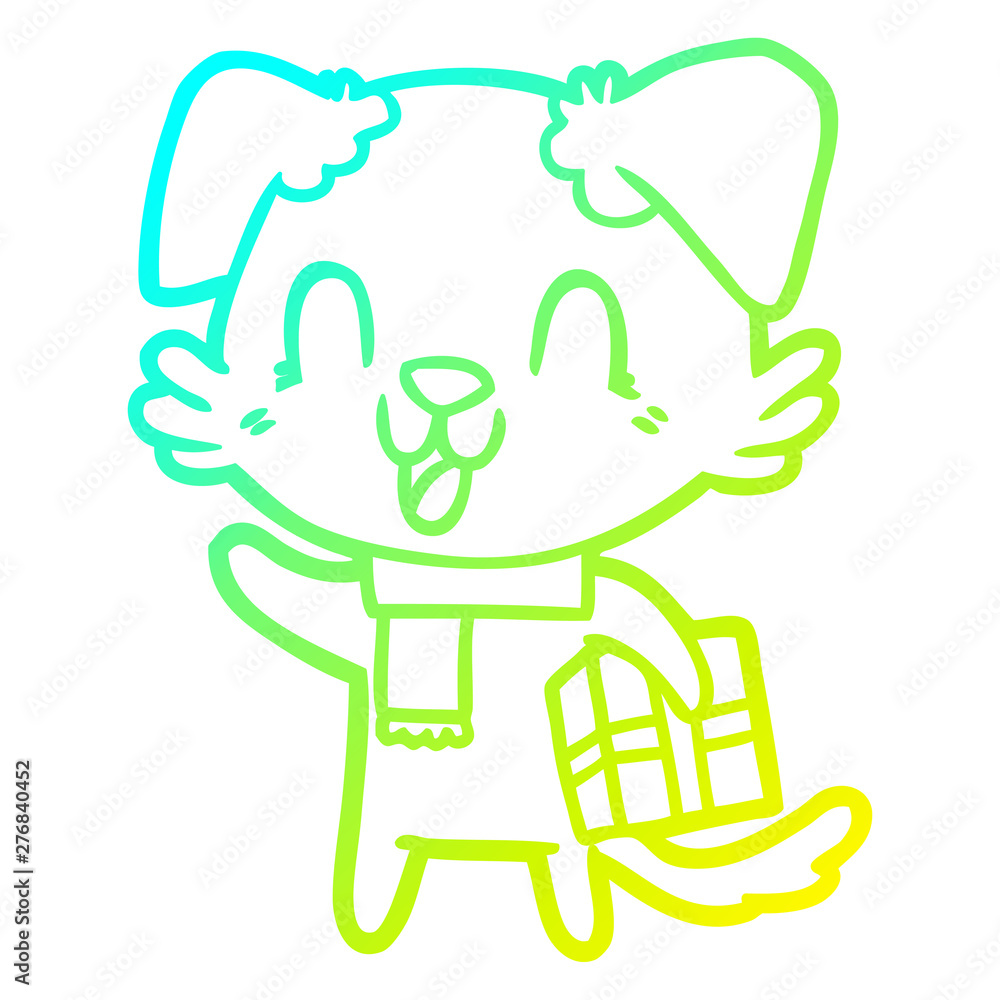 cold gradient line drawing laughing cartoon dog with christmas present cold gradient line drawing laughing cartoon dog with christmas present