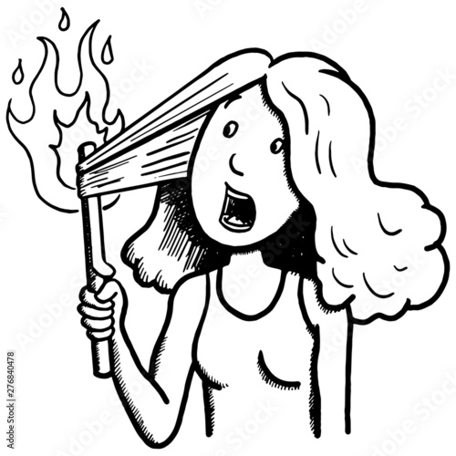 comic vector illustration of a woman smoothing her hair with a straightener and being scared. the device starts to burn. outline, cartoon, sketch, straight hair, accident.