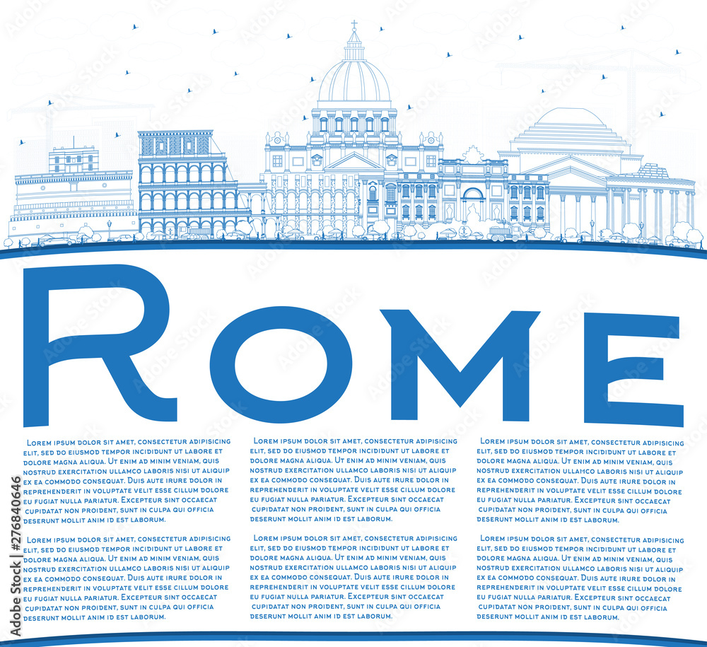 Outline Rome Italy City Skyline with Blue Buildings and Copy Space.