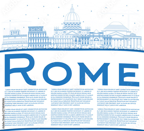 Outline Rome Italy City Skyline with Blue Buildings and Copy Space.
