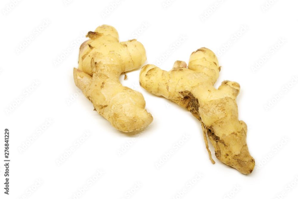 Raw ginger root isolate on white background. Ginger root originated as ground flora of tropical lowland forests in regions from the Indian. Widely used as a spice or a folk medicine. Raw ginger root isolate on white background. Ginger root originated as ground flora of tropical lowland forests in regions from the Indian. Widely used as a spice or a folk medicine.