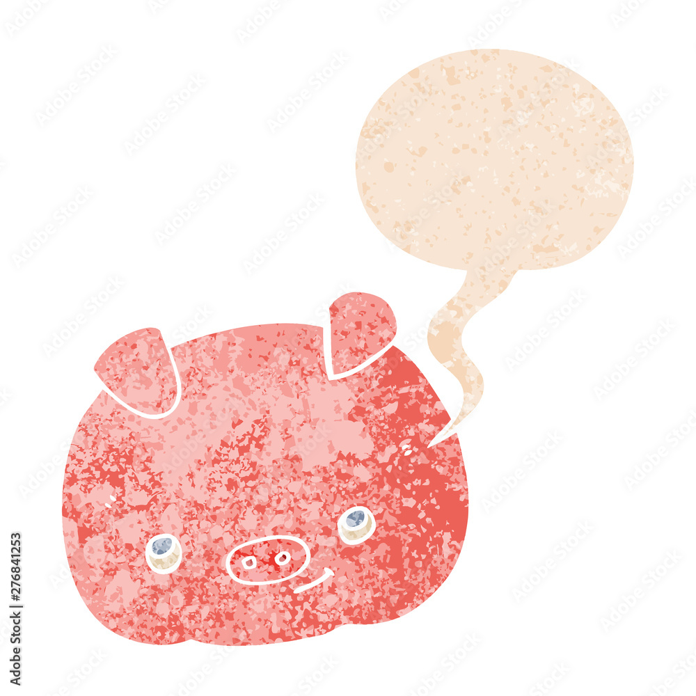 cartoon happy pig and speech bubble in retro textured style cartoon happy pig and speech bubble in retro textured style