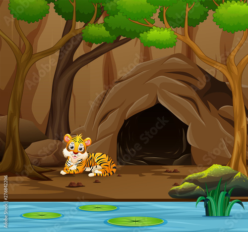 Tiger cartoon in front of the cave