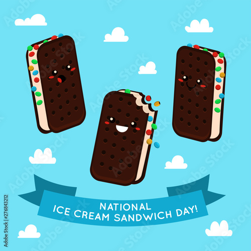 National Ice Cream Sandwich Day August 2 . Happy chocolate icecreams in cookies cute illustration