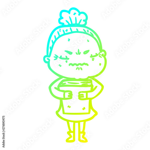 cold gradient line drawing cartoon annoyed old lady