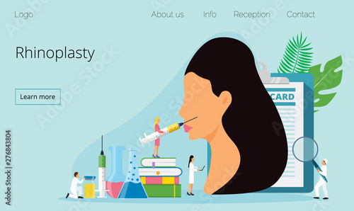 Tiny cosmetologists make face needle injection. Woman getting wrinkles filling. Facial contouring, facial correction surgery, rhinoplasty concept vector for homepage, app, landing page, website.