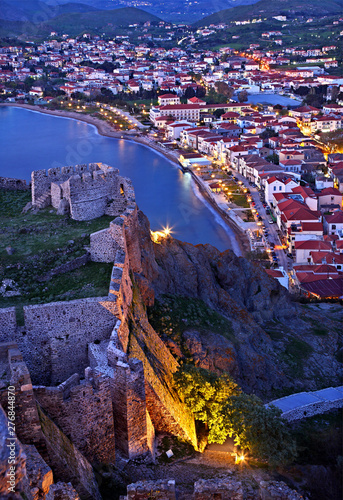 LEMNOS ISLAND, GREECE. Partial view of the town of Myrina, and its castle, Lemnos (or "Limnos") island, North Aegean, Greece. The beach you see is called Romeikos Gyalos.