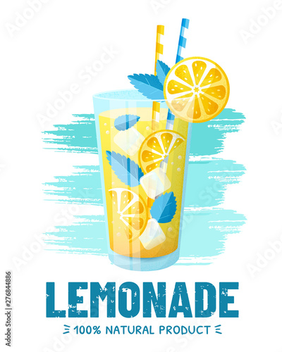 Lemonade. Banner with glass of natural summer drink. Vector.