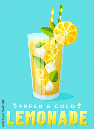 Lemonade glass with lemon slice. Vector poster.