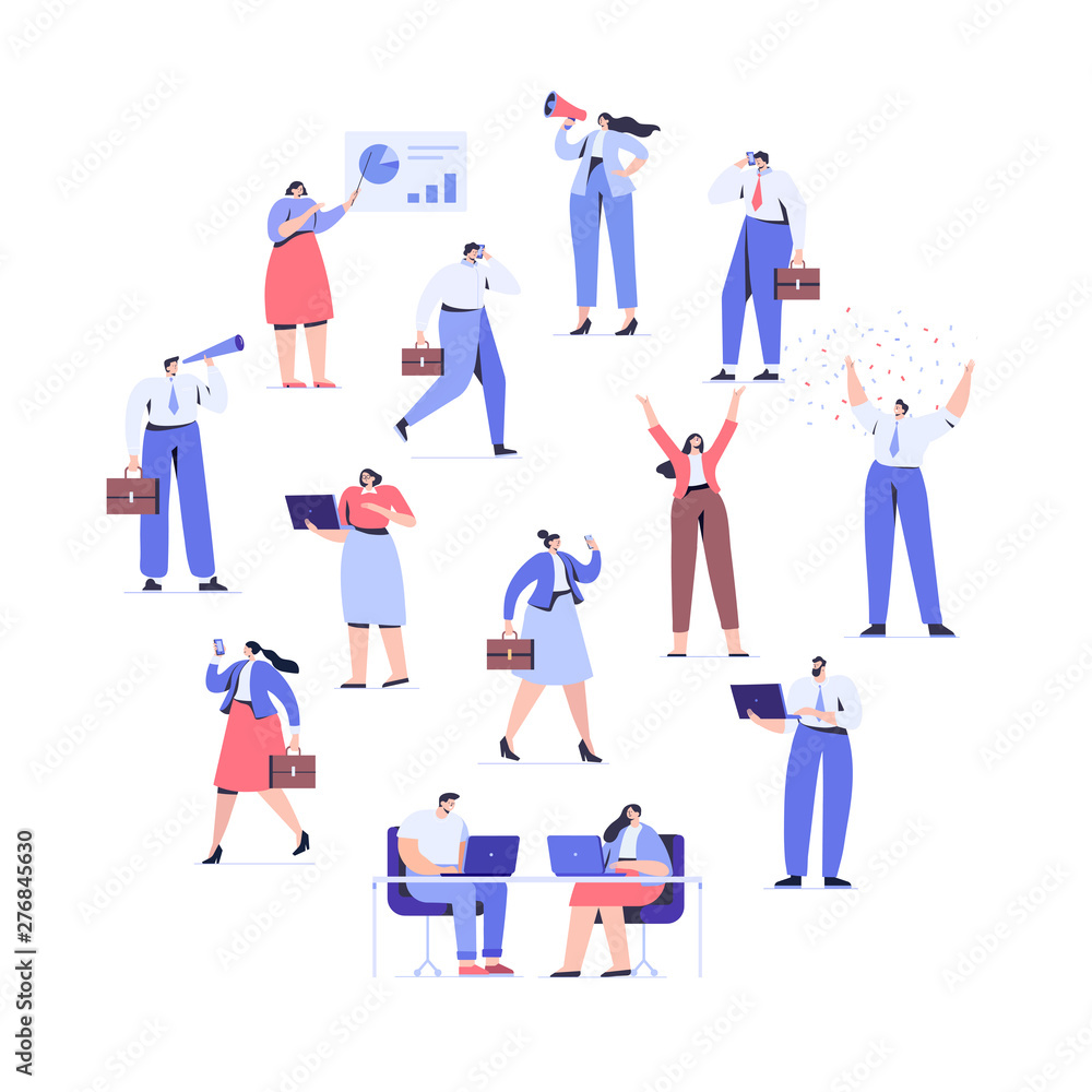 Business people arranged in circle shape. Men and women kit. Business People vector set. Men and women. Business team. Teamwork, brainstorming. Success. Flat vector characters Business people arranged in circle shape. Men and women kit. Business People vector set. Men and women. Business team. Teamwork, brainstorming. Success. Flat vector characters