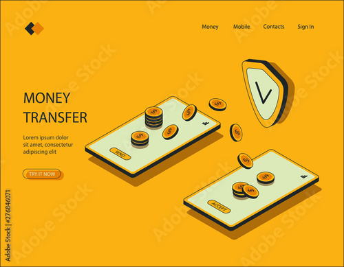 Isometric image on yellow background of money transfer. Visualization of the transfer of funds, online payments through mobile banking, the security of data transmission. Vector illustration.