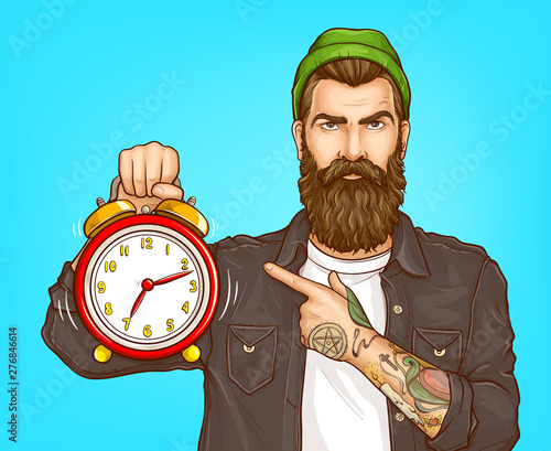 Dont waste time, hurry on sale pop art vector concept. Portrait of serious, bearded hipster man with tattooed forearms, wearing beanie pointing with finger on ringing alarm clock in hand illustration