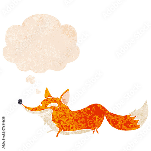 cartoon sly fox and thought bubble in retro textured style