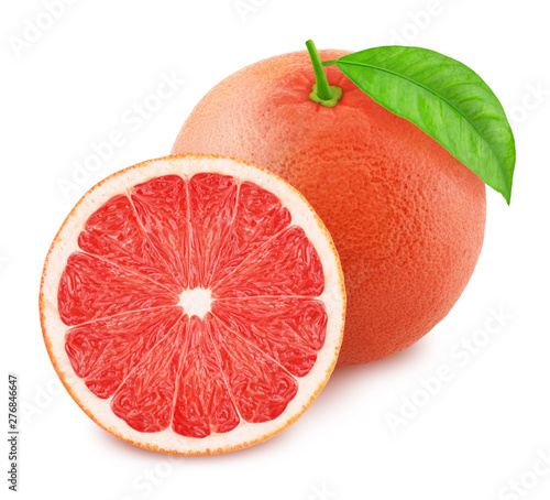 Half of red grapefruit with leaves isolated on white background.