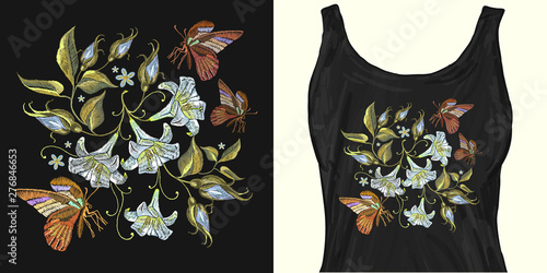 Beautiful white lillies and butterfly, classical embroidery. Trendy apparel design. Template for fashionable clothes, modern print for t-shirts, apparel art
