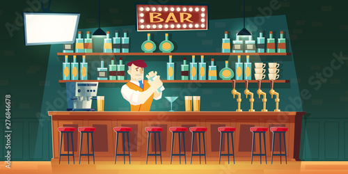Barman in bar mixing cocktails in shaker on wooden counter with alcohol drinks in bottles on shelf background, beer cranes on table. Night club, restaurant staff at work. Cartoon vector illustration