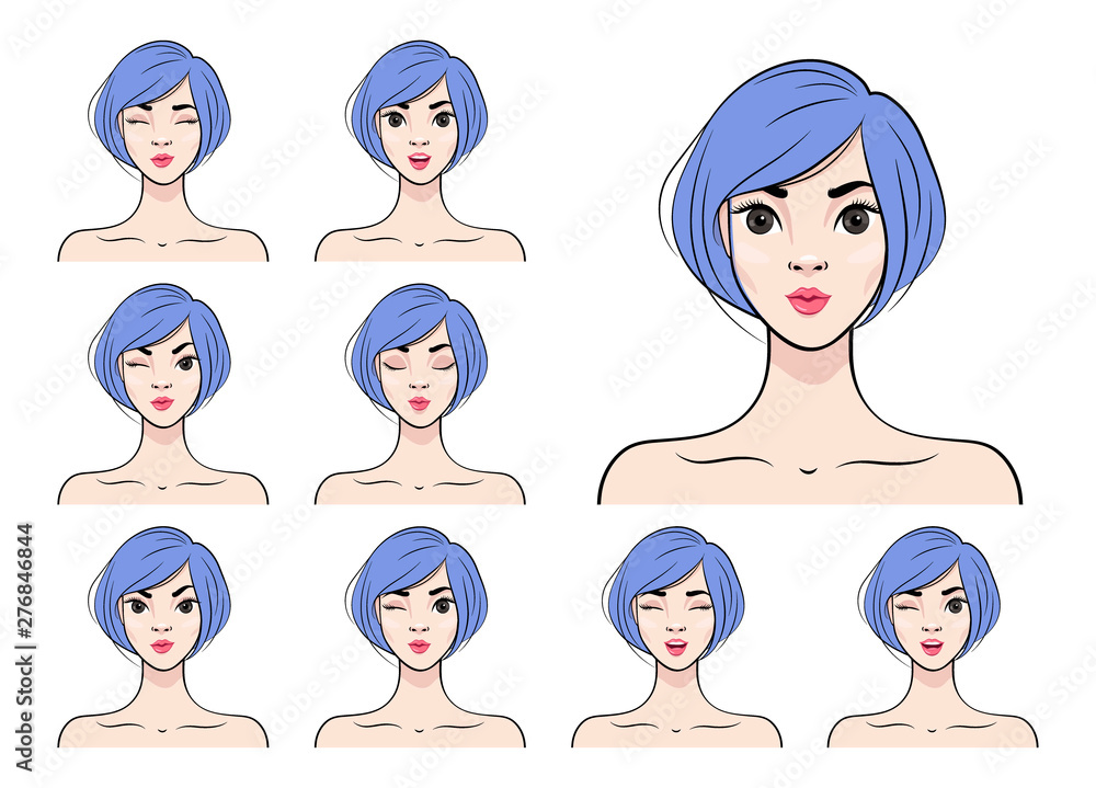 Woman with different facial expressions. Girl with lilac hair Avatar. Set of woman's emotions. Vector illustration of cartoon style Woman with different facial expressions. Girl with lilac hair Avatar. Set of woman's emotions. Vector illustration of cartoon style