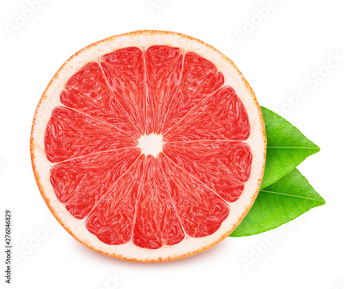 Half of pink grapefruit with leaves isolated on white background.