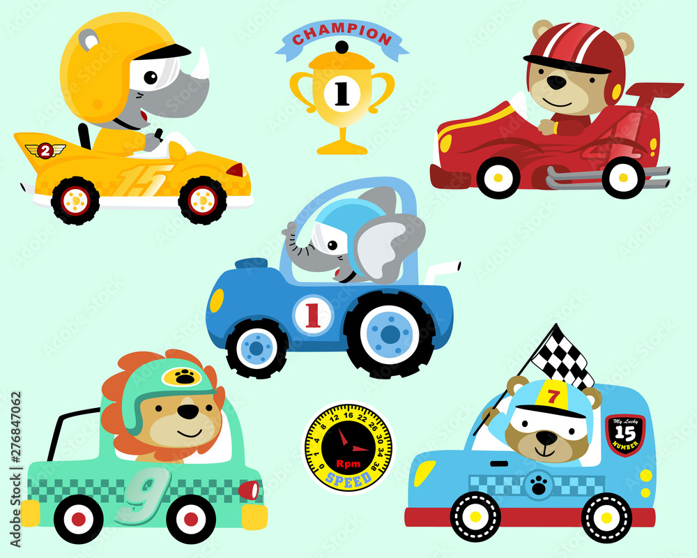 Fototapeta Vector set of race car cartoon with animals racer