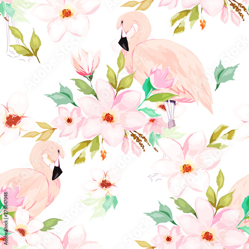 Summer seamless pattern. Floral print with flamingo. Watercolor style. Vector...
