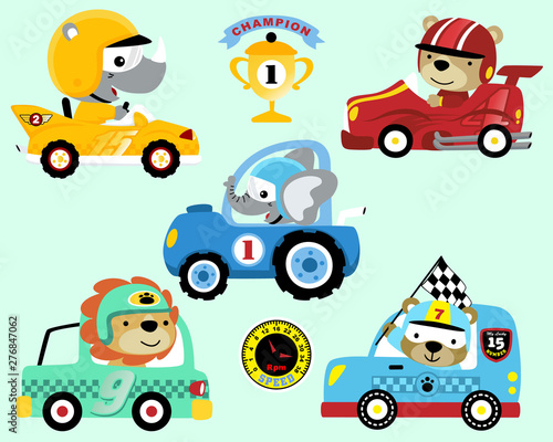 Vector set of race car cartoon with animals racer