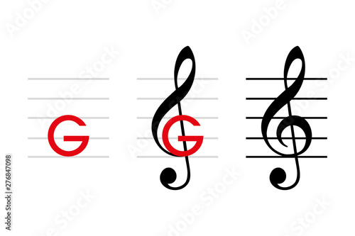 G-clef development, note G4, on the line that passes through the curl of the clef. Treble clef, if placed on second line stave. Musical symbol. Indicates pitch of written notes. Illustration. Vector.