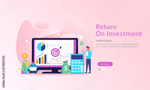 ROI concept, Return on investment, people managing financial chart, profit income,  Suitable for web landing page, ui, mobile app, banner template. Vector Illustration. 