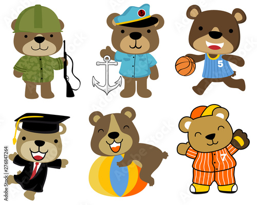 Vector set of bear cartoon with various uniform of profession photo