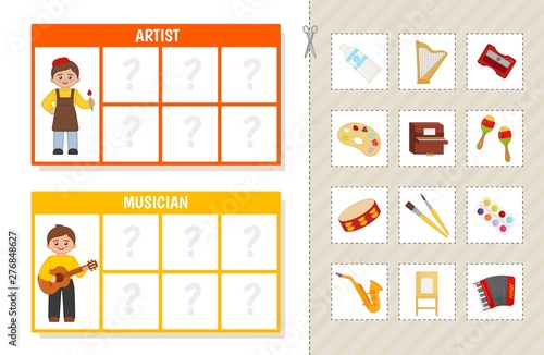 Matching children educational game. Learning cards. Match objects and professions. Activity for pre sсhool years kids and toddlers.