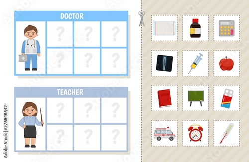 Matching children educational game. Learning cards. Match objects and professions. Activity for pre sсhool years kids and toddlers.