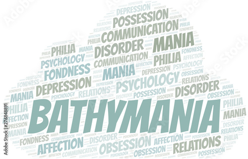 Bathymania word cloud. Type of mania, made with text only.