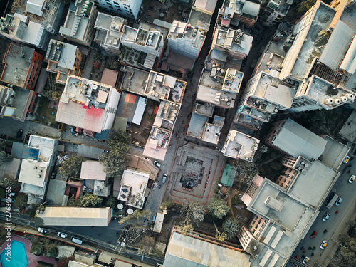 Aerial view of Thamel, a commercial neighborhood in Kathmandu, the capital of Nepal. It has been the centre of the tourist industry for decades. Low-budget travellers consider it a hotspot for tourism