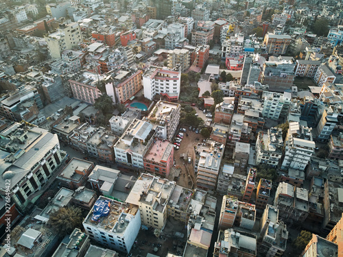 Aerial view of Thamel, a commercial neighborhood in Kathmandu, the capital of Nepal. It has been the centre of the tourist industry for decades. Low-budget travellers consider it a hotspot for tourism
