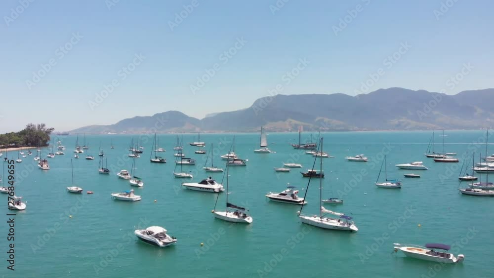 Aerial drone shot of marina in Ilhabela Brazil Aerial drone shot of marina in Ilhabela Brazil