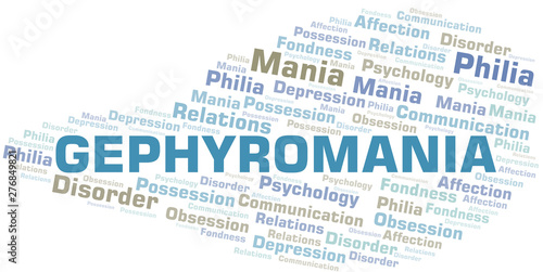 Gephyromania word cloud. Type of mania, made with text only.