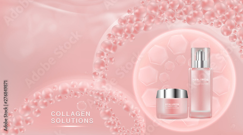 Beauty product ad design, pink cosmetic containers with collagen solution advertising background ready to use, luxury skin care banner, illustration vector.