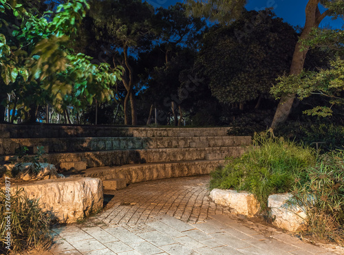 Stone gazebo on the Louis Promenade near the Bahai Garden at night Haifa, Israel