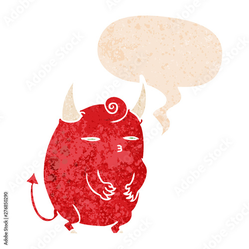 cartoon halloween devil and speech bubble in retro textured style