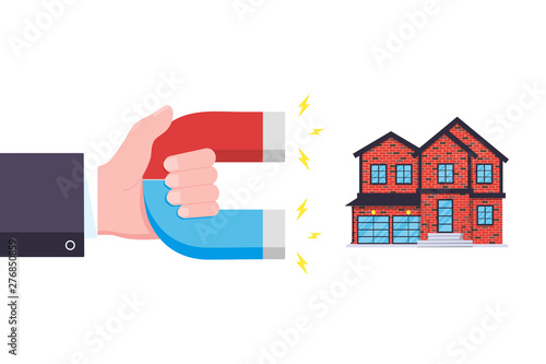 Hand hold red and blue horseshoe magnet icon sign attract house. Real estate concept flat style design vector illustration isolated on white background.