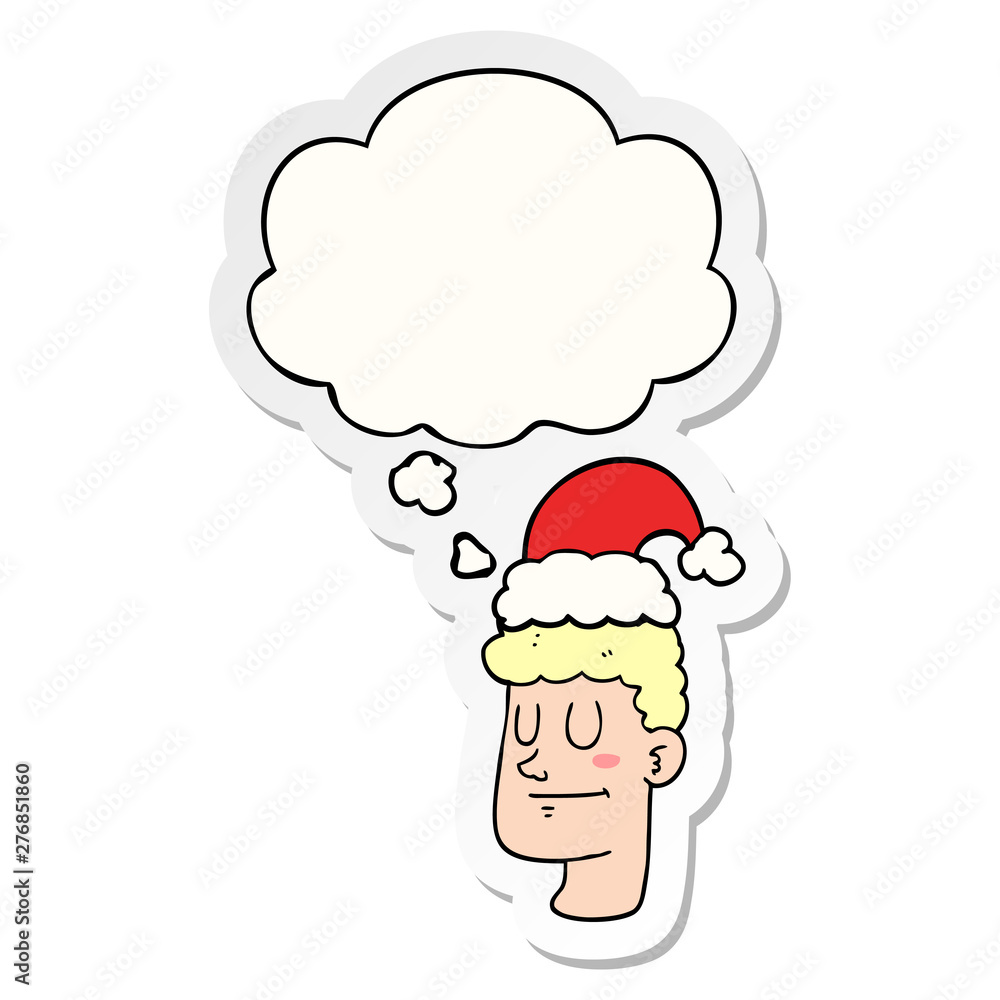 cartoon man wearing christmas hat and thought bubble as a printed sticker cartoon man wearing christmas hat and thought bubble as a printed sticker