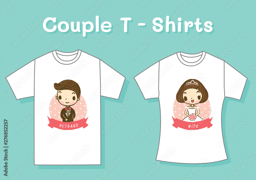 Illustration of T-Shirt Design Template with Cute Couple Cartoon Characters,  for Husband and wife marriage. Stock Vector | Adobe Stock
