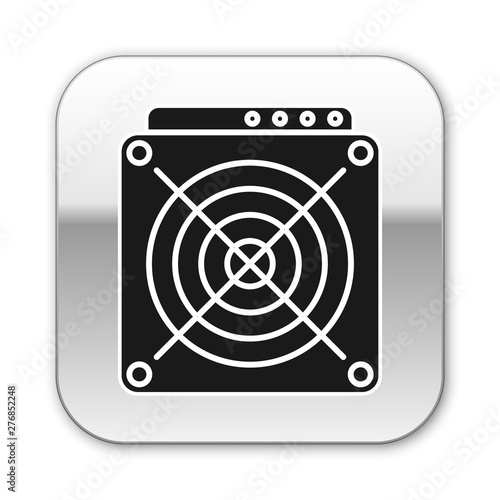 Black ASIC Miner icon isolated on white background. Cryptocurrency mining equipment and hardware. Application specific integrated circuit. Silver square button. Vector Illustration