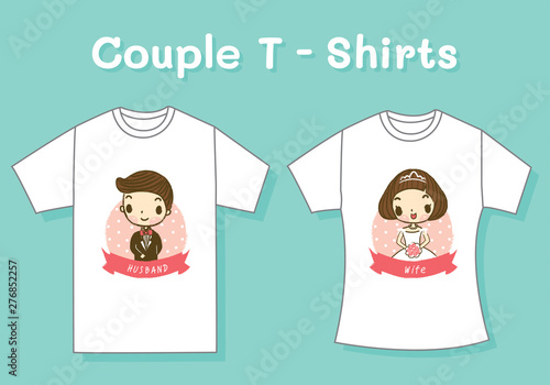Illustration of T-Shirt Design Template with Cute Couple Cartoon Characters, for Husband and wife marriage.